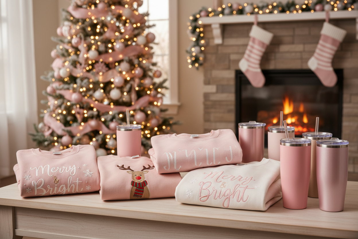 pink christmas theme with sweatshirts and 20 oz tumblers on a light wood table with a tree and fireplace in the background